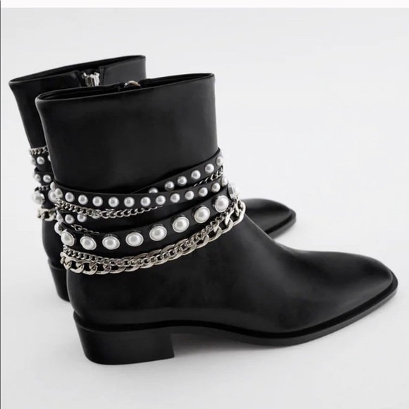 Zara Shoes - NWT Zara Low Heeled Pearl Chain Ankle Boots
